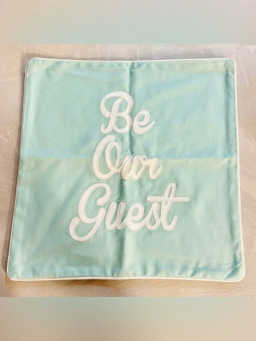 Be Our Guest Pillow Cover 18” Blue Aqua Guest Room Decor + Free Sleep Shades